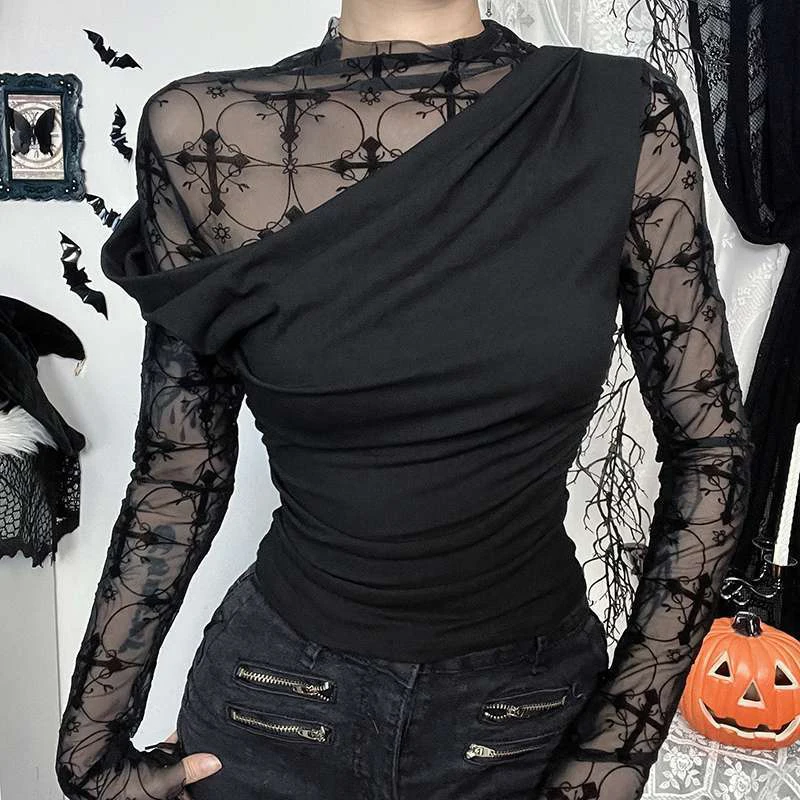 โกธิคลูกไม้สีดําเซ็กซี่ TOP Patchwork Bodycon ไม่สมมาตร Harajuku Y2K เสื้อ Street Chic STAND COLLAR Dark EDGE เสื้อแฟชั่น