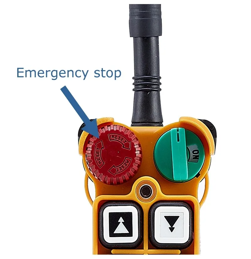 red mushroom emergency stop EMS of Telecontrol Telecrane Wireless industrial crane radio remote control transmitter emitter use