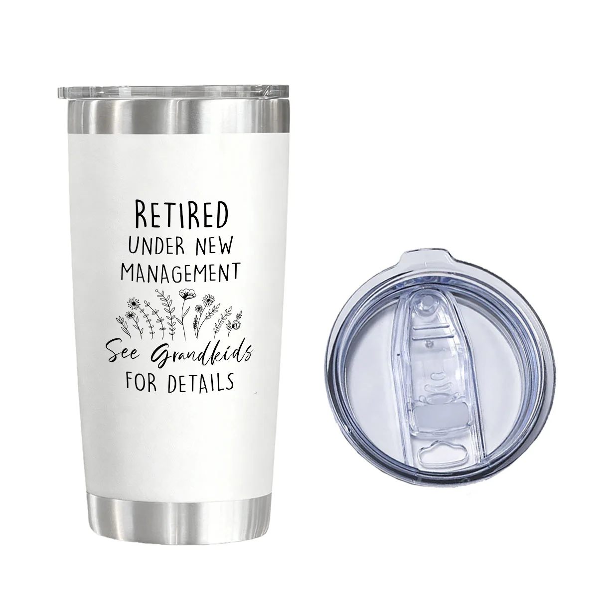 

Retired Under New Management Floral Vacuum Flask 20 oz - Grandma Retirement Gift Insulated Water Glass for Birthday