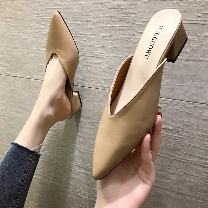 Women\'s High Heels Comfortable Soft Leather Shoes Office Low Heel Pointed Toe Mules Shoes Mary Jane Shoes Wedges Shoes for Women