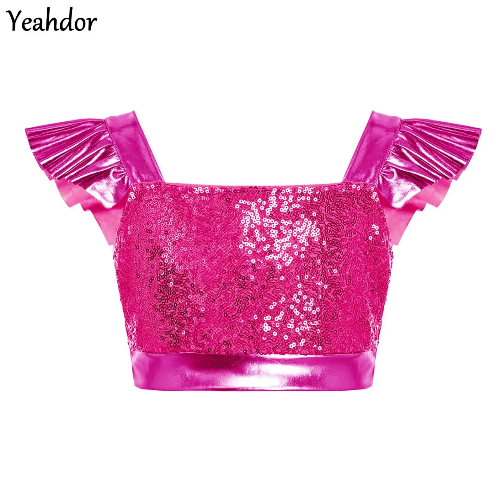 

Танцевальный костюм для девочек: блестящий топ с пайетками и рюшами на рукавах, металлический укороченный топ-жилет для джаза, стрит-дэнса и чирлидинга