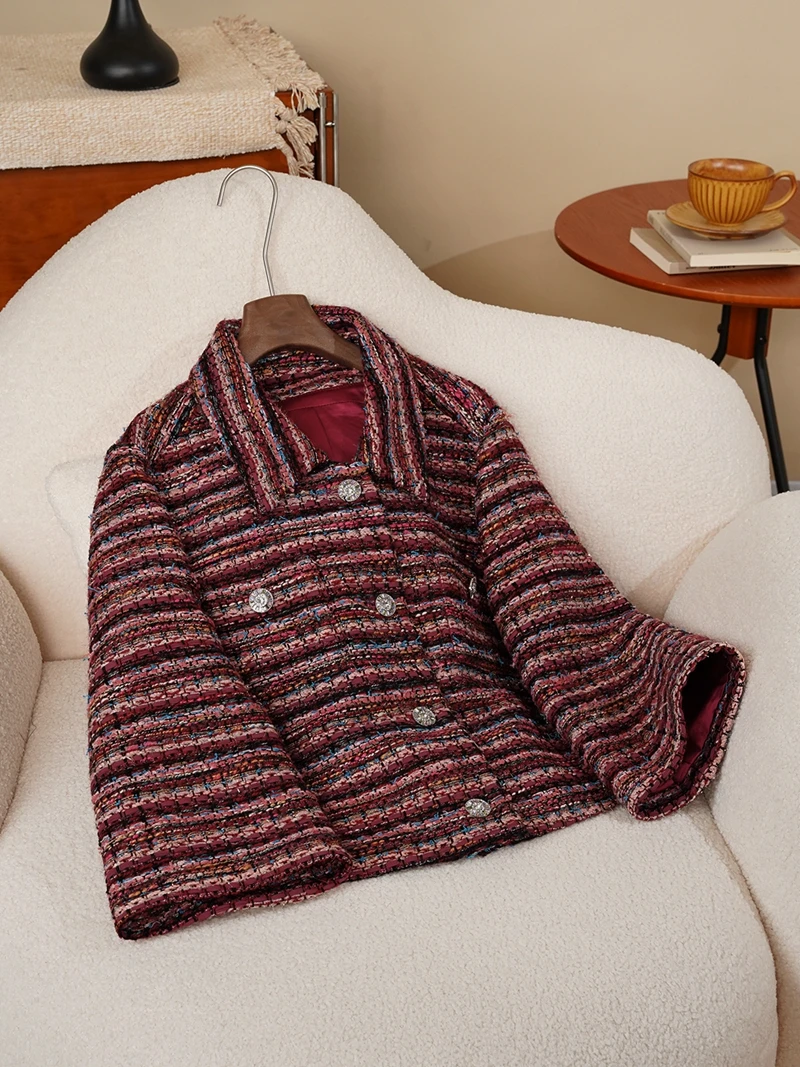 

Шерстяное пальто в красную полоску в стиле ретро, женская модная осенне-зимняя женская верхняя одежда, роскошная свободная посадка с блестками