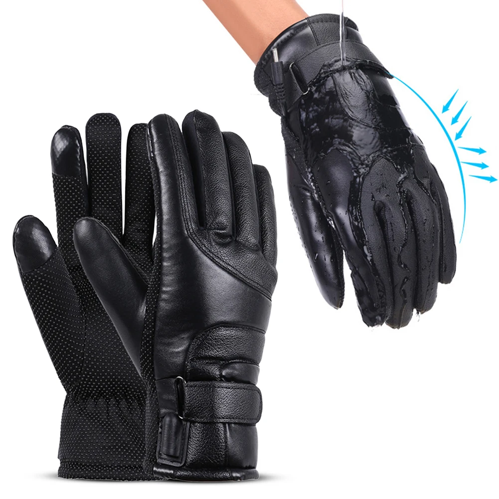 12V Heating Thermal Gloves Waterproof Motorcycle Winter Heated Gloves Thermal Windproof Bike Gloves PU Leather for Skiing Hiking
