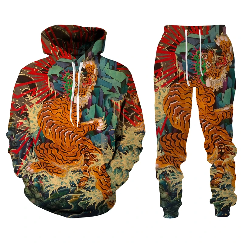 Trend Harajuku Tiger 3D Printed Men\'s Tracksuit Sets Casual Hoodie And Pants 2pcs Sets Oversized Sweatshirt Fashion Men Clothing