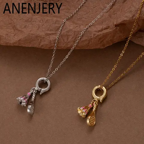 ANENJERY 316L Acero inoxidable Rosa bádminton colgante collar para Mujeres Hombres moda deportes joyería de lujo fiesta al por mayor