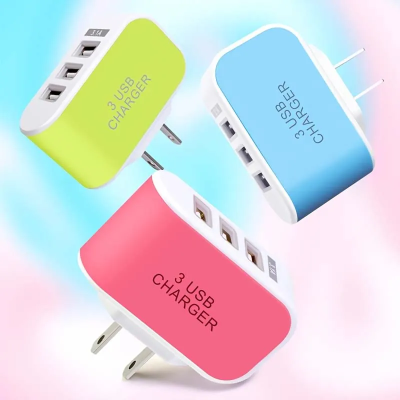 5V 1A 3-Port USB Wall Charger Adapter Candy Color For Mobile Phone Travel IPhone Charging Adapter With Indicator For Android Box