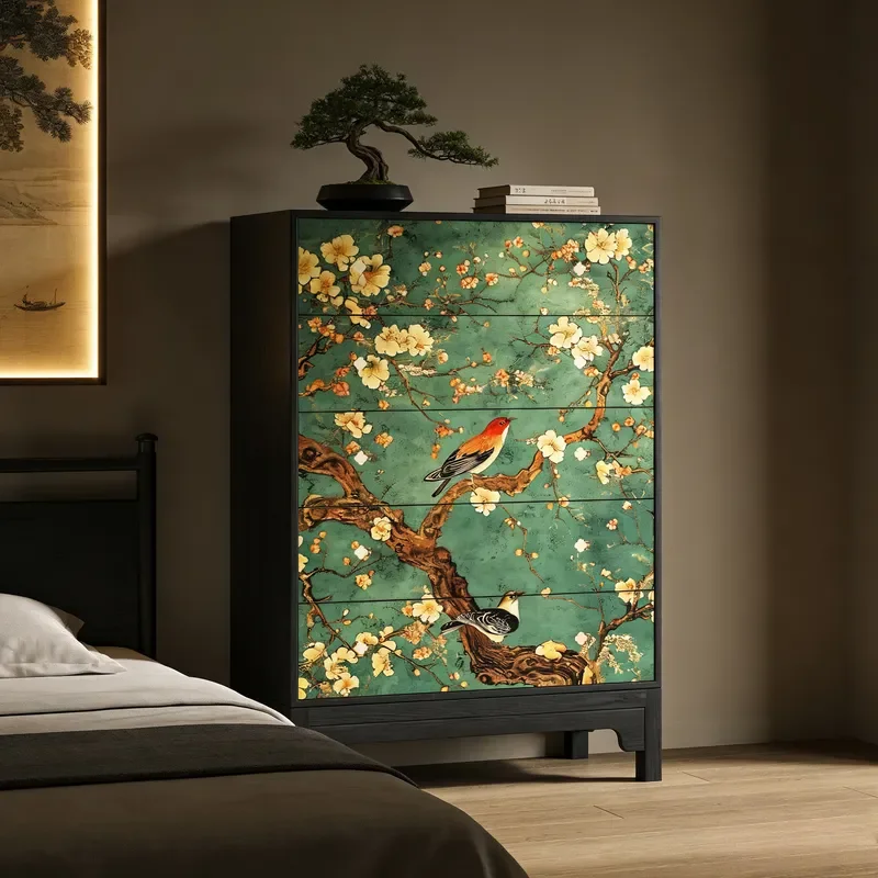 Song Dynasty Aesthetics Flower Bird Painted Solid Wood Chest Drawers New Chinese Retro Living Room Bedroom Wall Integrated