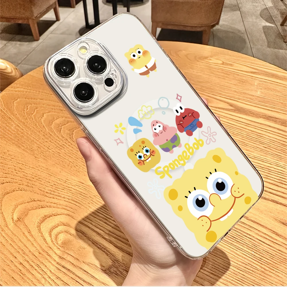 Yellow Sponge Phone Case For iPhone 11 12 13 14 15 16 Pro Max Plus Magesafe Magnetic Transparent Charge Soft Shell