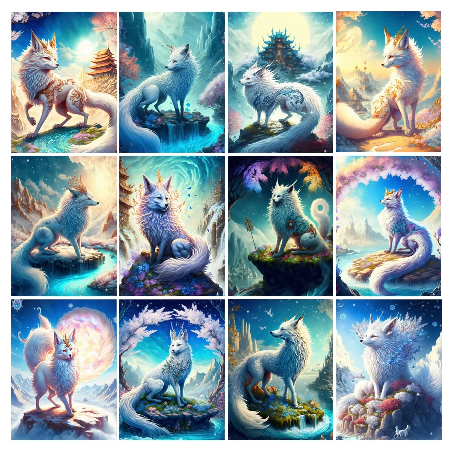 Diy Mosaic Arts Snow Mountain Fox Paintings Cross Stitch Kits Full Rhinestone Embroidery Wild Animals Picture Wall Decor