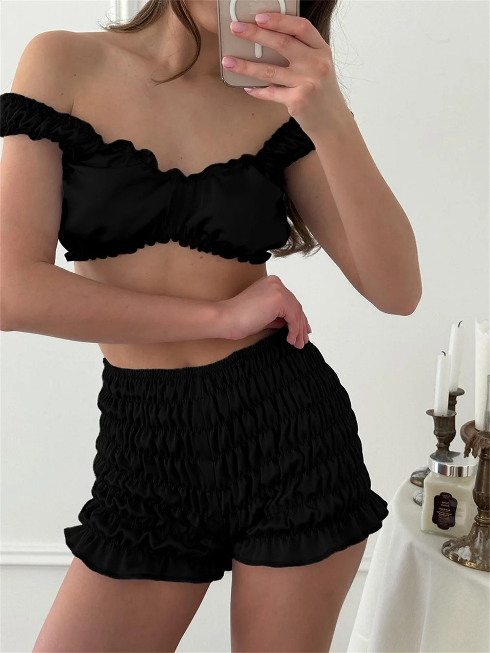 Women's Sexy Satin Pajamas Camisole Shorts 2 Piece Set Crop Top Vest with Ruch Elastic Waist Shorts Solid Color Home Sleepwear