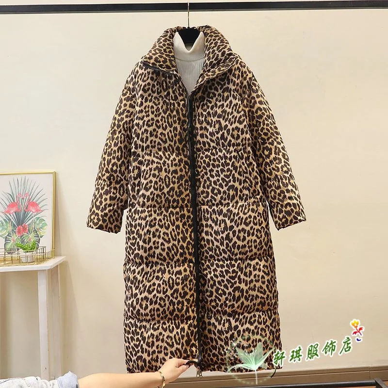 2024 Winter New Fashion Leopard Pattern Down Cotton Jacket for Women Long Loose Thick Warm Long Cotton Jacket Parkas Stand Colla