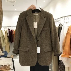 Women's Autumn/Winter British Style Short Loose Wool Tweed Blazer Coats Retro Casual Solid Color Herringbone Blazers for Woman