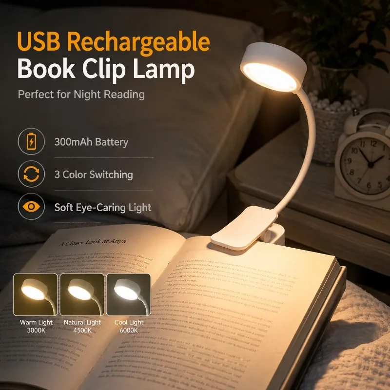 1pc USB Charging Adjustable Reading Light -3 Color Modes, Eye Protection LED, Portable Book Night Light, Office Study Supplies