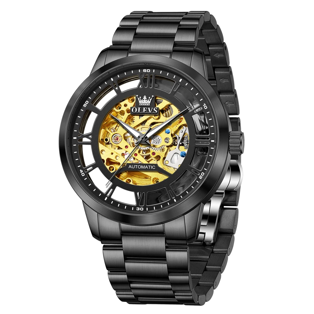 ساعة OLEVS أوتوماتيكية بهيكل عظمي شفاف للرجال بحركة ذهبية ماركة فاخرة ساعات ميكانيكية من الفولاذ المقاوم للصدأ باللون الأسود #3