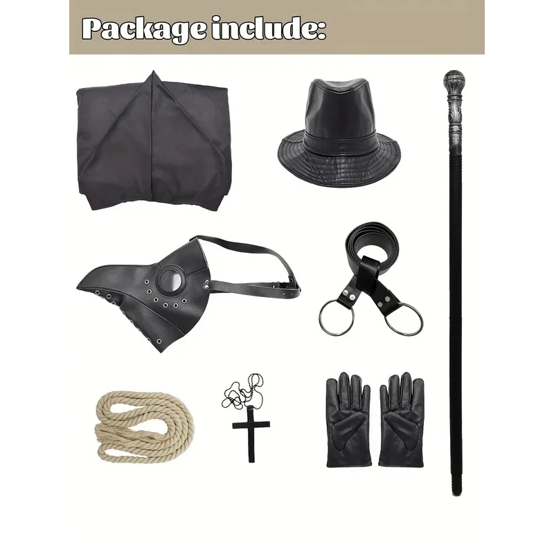 Mago monje Medieval negro 8 unids/set bata de muerte collar cruzado máscara de cuervo guantes cosplay Doctor de la peste Halloween mb.3