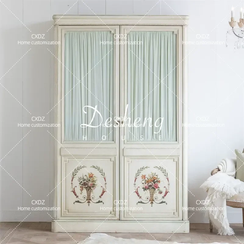 Solid Wood Wardrobe Retro Pastoral Painted Storage Cabinet European Simple Antique Furniture for Bedroom Wedding Room Export