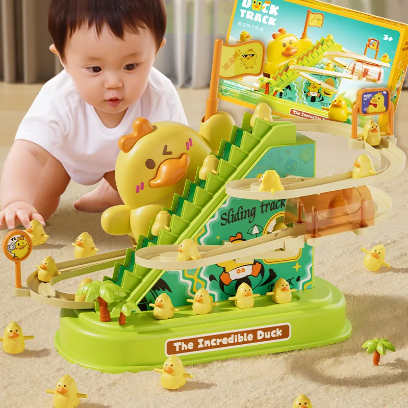 Kids Electric Duck Climbing Stairs Toys Audible Light Little Yellow Duck Rotating Slide Track Baby Children's Puzzle Toy Gift