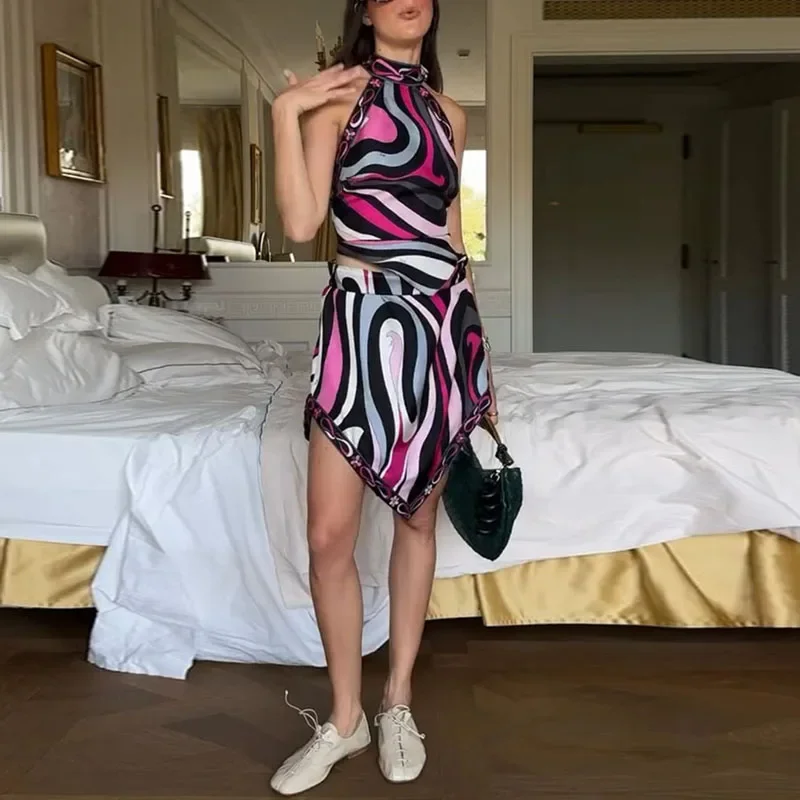 Elegante cetim praia conjunto casual impressão férias roupas femininas vintage rendas até sem costas halter topo + meia saia irregular 2 peças terno