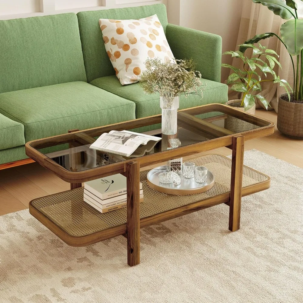 

Rattan Coffee Table, 47.5”L Boho Cocktail Tables, 2-Tier Center Table with Tempered Glass Tabletop, PE Rattan Shelf