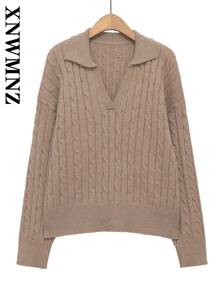 

XNWMNZ 2025 осенний новый женский модный повседневный вязаный свитер с отложным воротником и длинными рукавами, винтажный простой зимний женский хаки