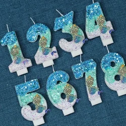 Ocean Blue Birthday Candles Child Kids Number 0-9 Beach Candle with Sequin Mermaid Birthday Party Wedding Cake Decoration