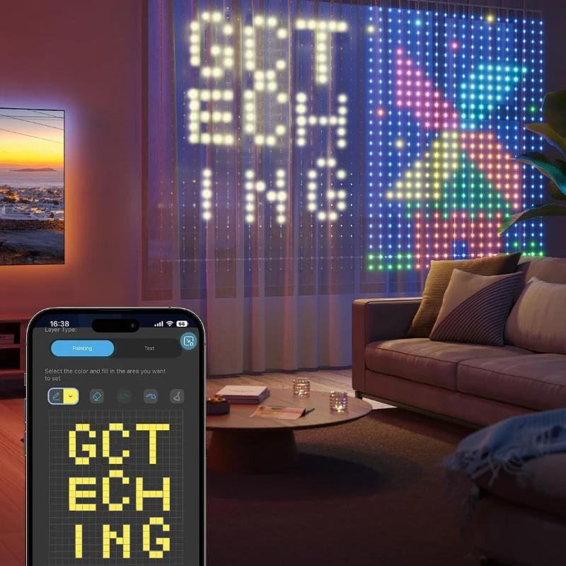 

400 светодиодов, умный светодиодный светильник для штор с DIY GIF RGB, меняющий цвет, праздничные огни для внутреннего и наружного декора окна спальни