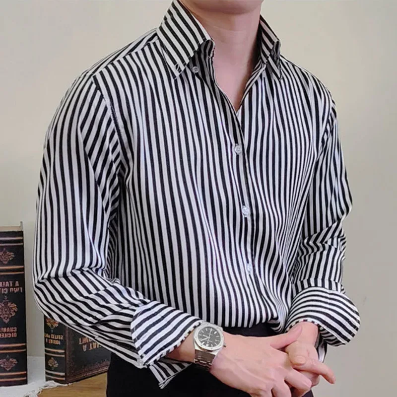 2023 Korean Version Non Ironing Mock Neck Shirt Fashion Retro Long Sleeve Shirt  Italian Gentleman One Piece Neck Striped Shirt