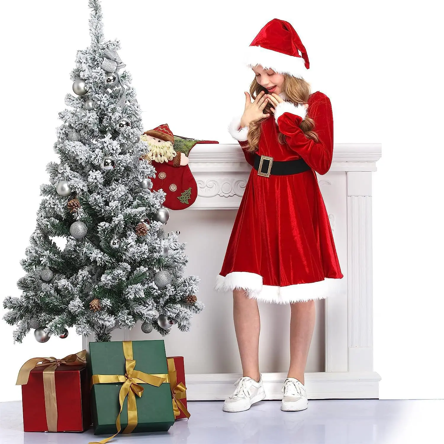 Women And Girls Sexy Ladies Christmas Dress With Hat Set Cosplay Costumes Santa Claus Suit Stage Show Clothing Dancing Robe Gown