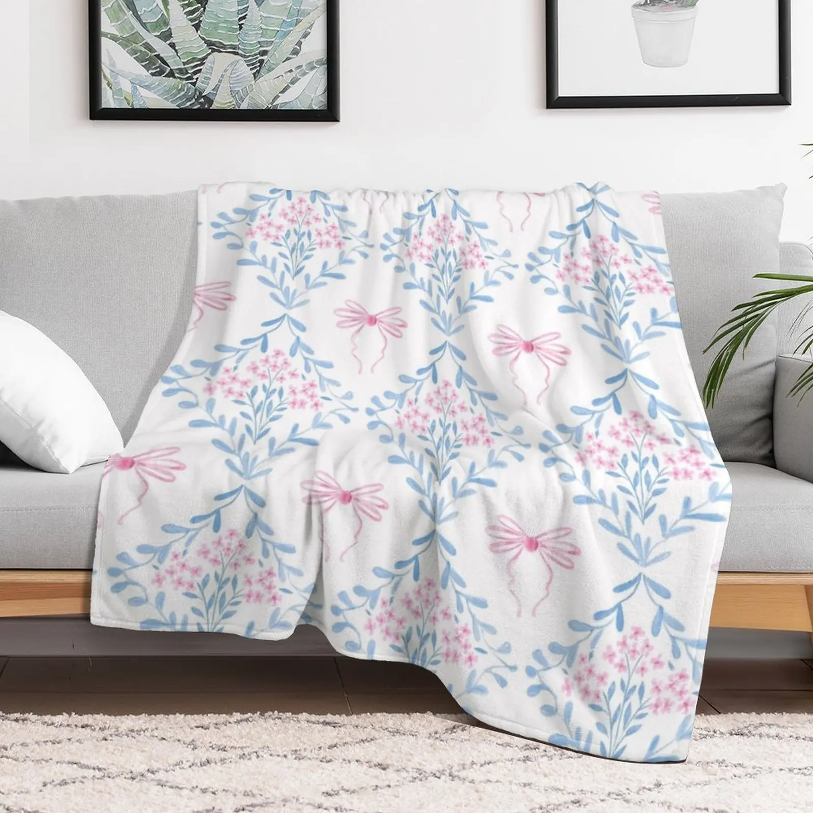 Pink and Blue Coquette Aesthetic &Cute Pretty Preppy Watercolor Pink Bows Throw Blanket Compact Warm Blanket for Car Road Trip