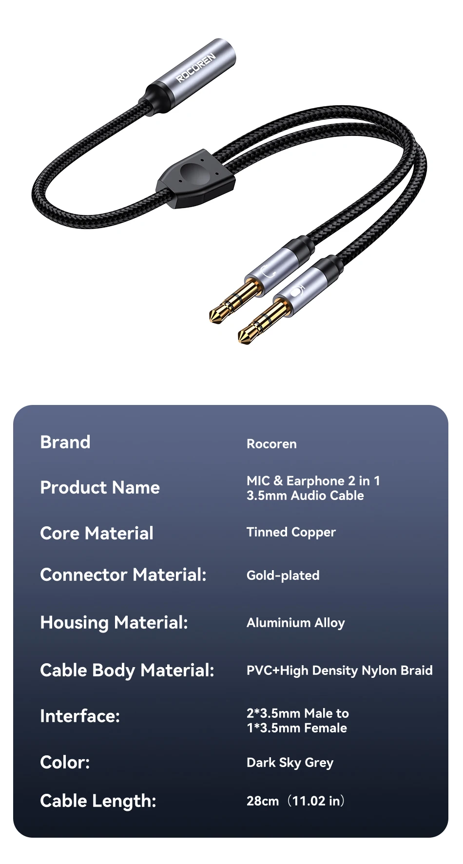 Rocoren 3,5-mm-Buchse Aux-Audio-Splitter-Kabel 2-Wege-Aux-Stecker auf doppelte Buchse Kopfhörer-Audio-Adapter für Kopfhörer Telefon Desktop – Detail 17