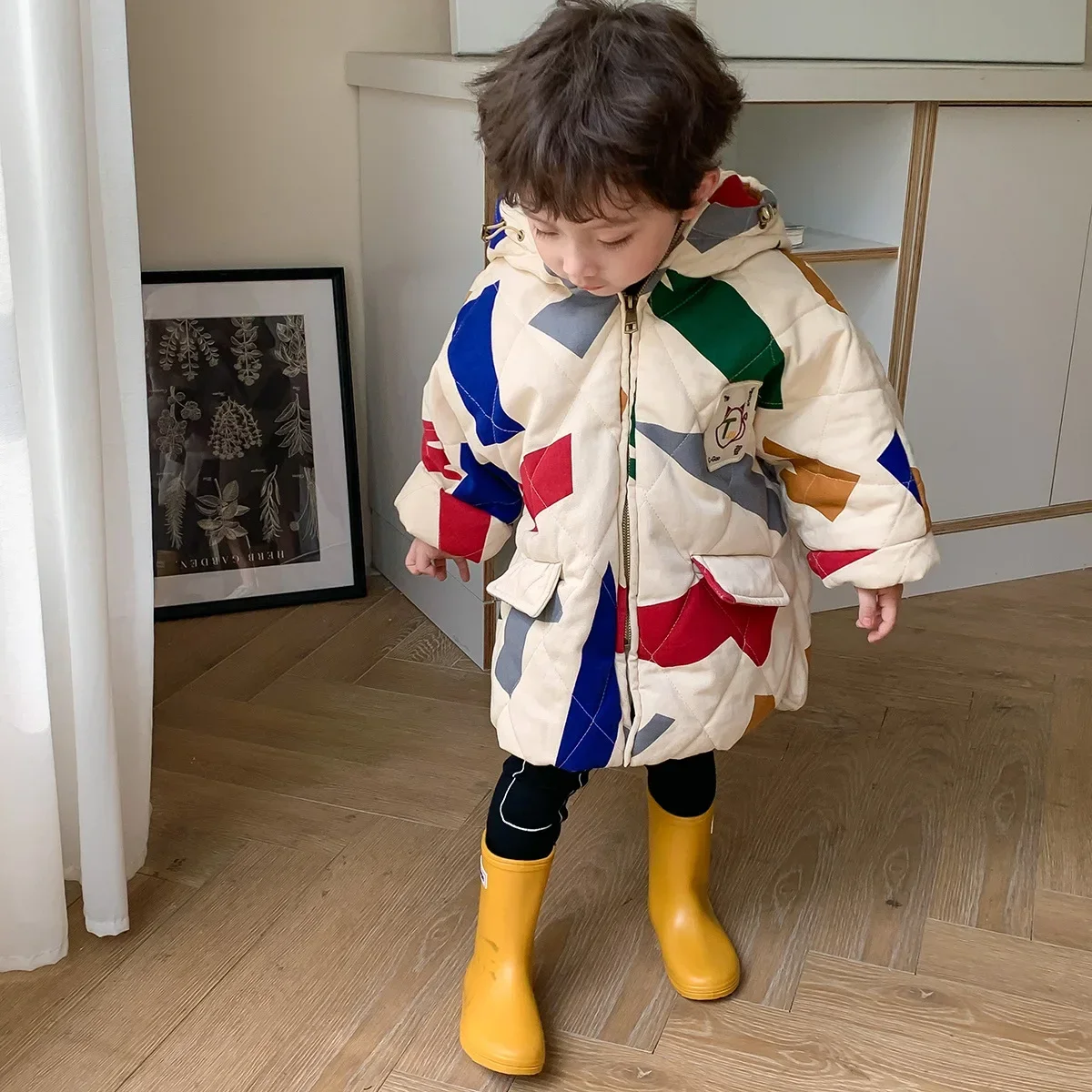 

3-9 Yrs Kids Boy Unisex Korean Cotton Jackets Medium Length Children's Casual Handsome Toddler Boys Girls Printing Jacket Winter