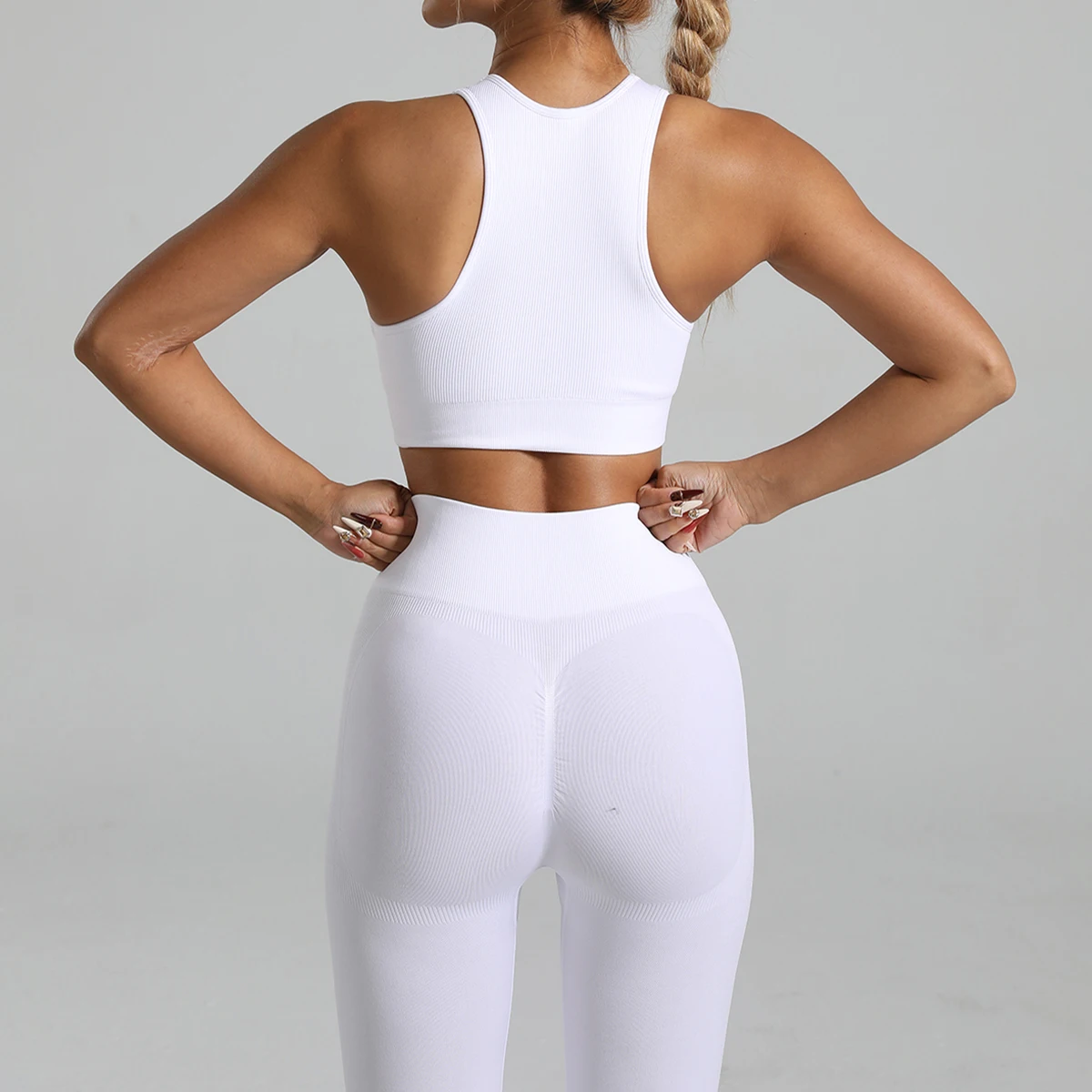Seamless Ribbed High Waisted Yoga Set for Women, Tummy Control Criss Cross Back Workout Outfit, Quick Dry Fitness Set for Gym