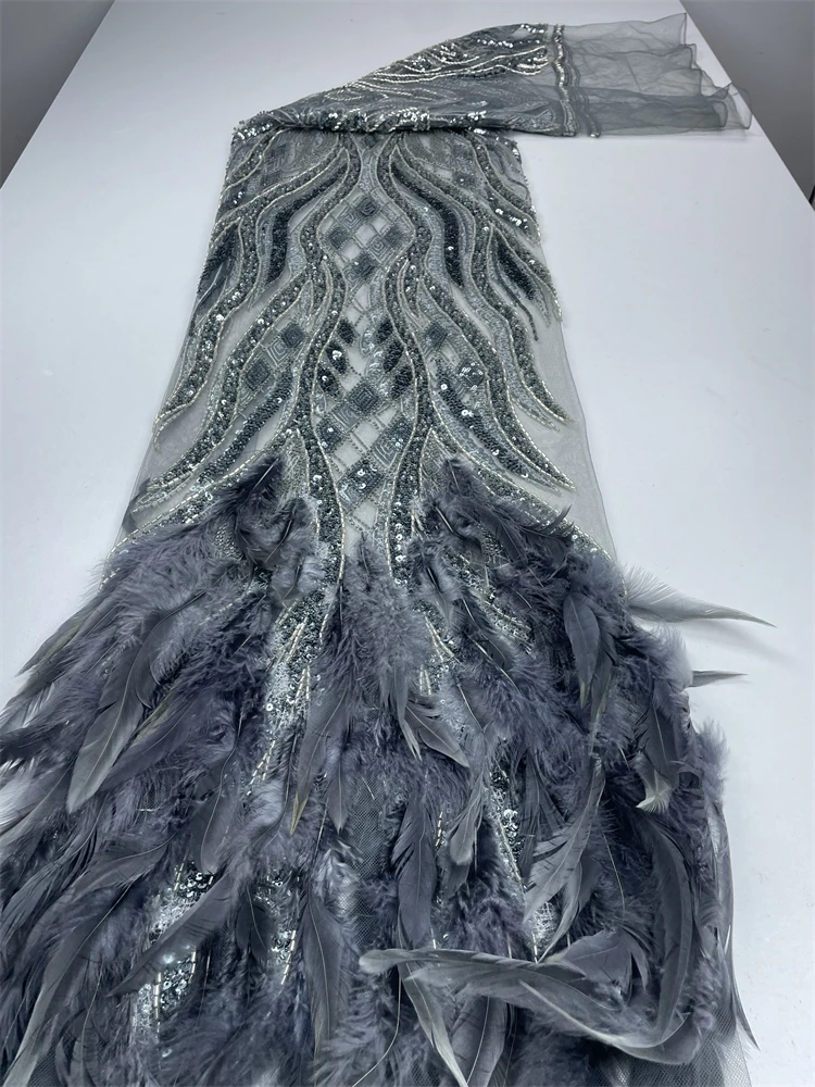 French Mesh Lace Fabrics Embroidery Sequins Tulle Beaded African Fabric for Women Party Dresses 5Yards Sewing Meters