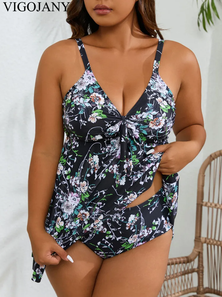 VigoJany 2025 Sexy Print Strapped 2-częściowy zestaw tankini Plus Size Strój kąpielowy damski V Beach Push UP Strój kąpielowy bez pleców z wysoką