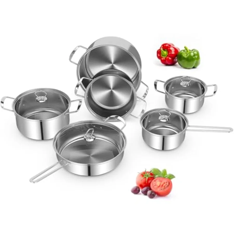 

12 Piece Stainless Steel Cookware Set Pots and Pans Set with Stock Pot Frying Pans Saucepan 6 Glass Lids Induction Compatible K