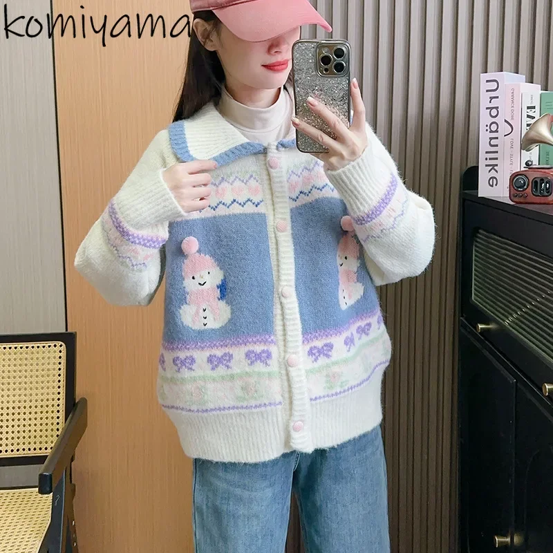 Christmas Snowman Jacquard Cardigan Single Breasted Outerwears Laple Long Sleeve Sweater Woman Clothing Fall Winter Cardigans