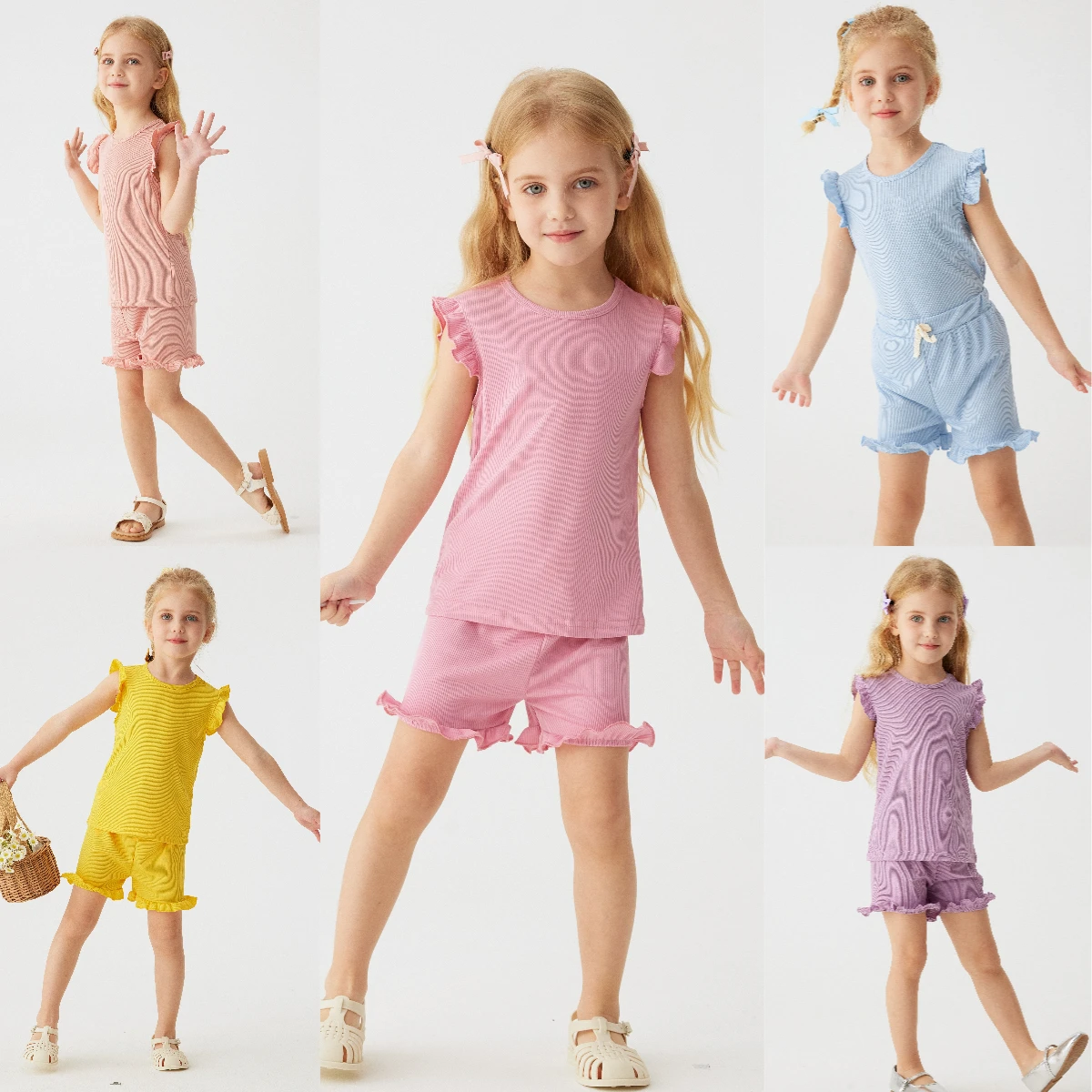 2024 Summer Solid Color Short sleeved Shorts Clothing Ruffle Edge Flying Sleeve Set Preschool Girls Fashion Casual Clothing