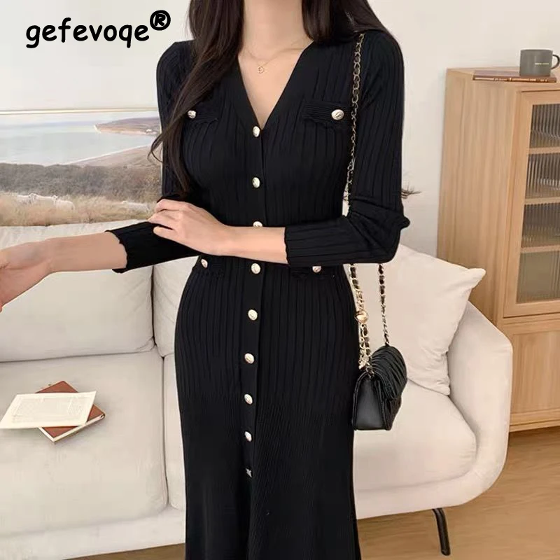 2024 primavera autunno moda coreana Sexy Split elegante aderente abiti lavorati a maglia per le donne Chic scollo a V manica lunga bottone Midi Dress