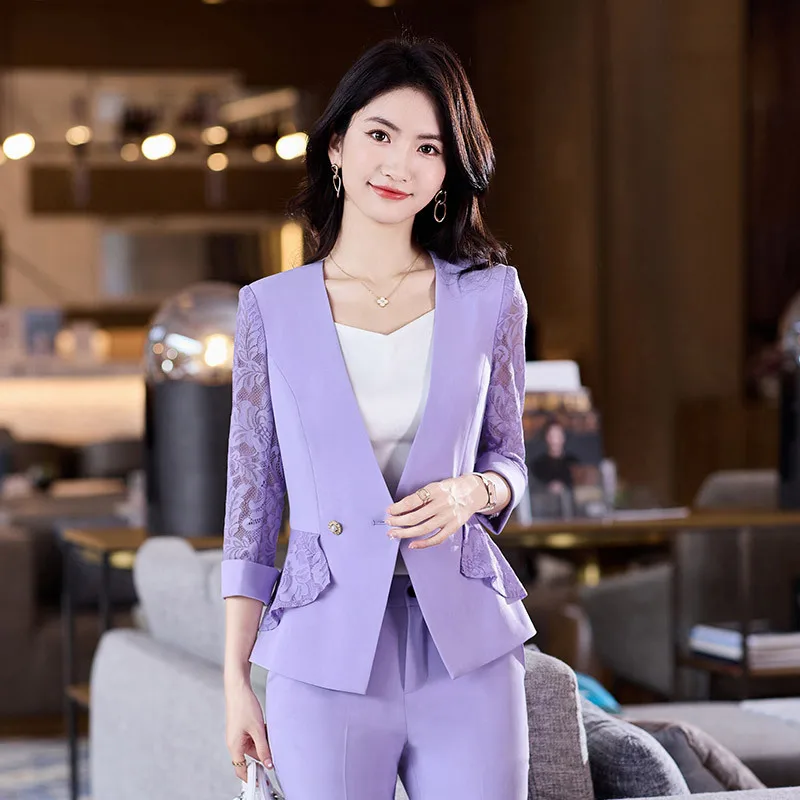 Fashion Lace Business Suits Women OL Styles Work Wear Spring Summer Ladies Office Professional Blazers Trousers Set Pantsuits