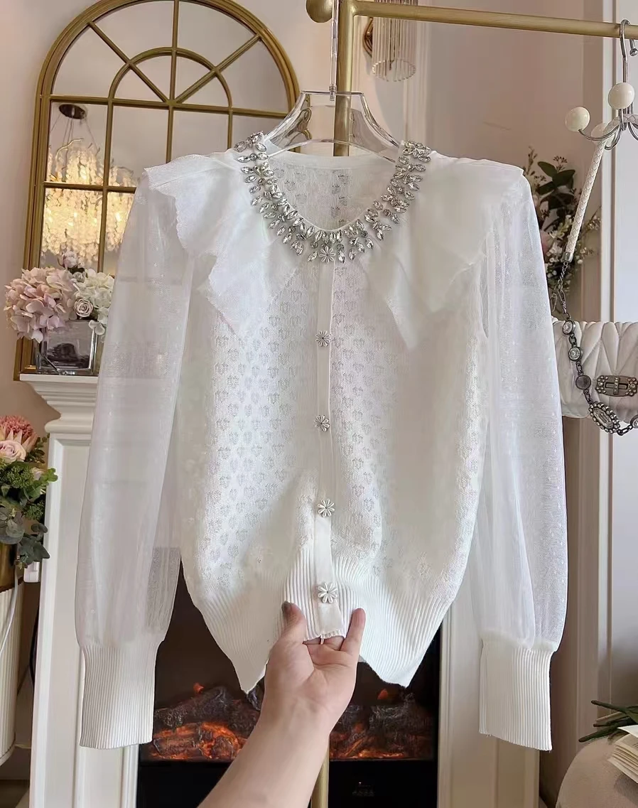 New In Autumn 2024 Diamonds Stitch Knitted Cardigan Women\'s Rhinestones Slim Fit Chiffon Spliced Long Sleeve Thin Sweater Coat