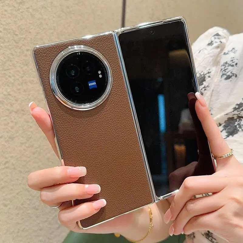 

For VIVO X Fold5 Case High-end Iychee Ieather Electroplating Silver edge Protective Cover For Vivo X Fold 3 Pro Shockproof Funda