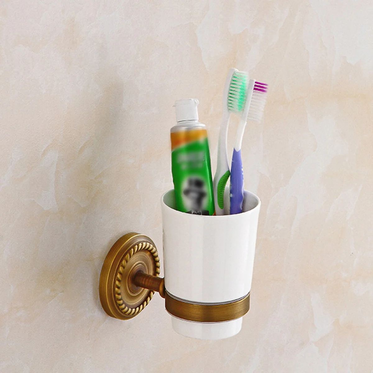 

Ceramic Cup Toothbrush Holder Wall Mounted Polished Copper Rust Free Bathroom Organizer for Toothpaste Shaver Storage Tumbler