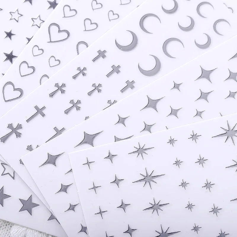 6Pcs Metallic Silver Star Heart Stickers 3D Moon Art Nail Decals DIY Kpop Scrapbooking Journal Decor Sticker Stationery
