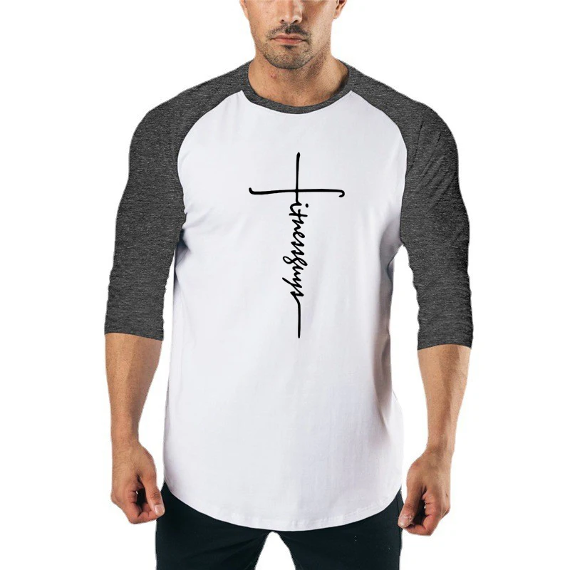 

Contrasting Colors Three Quarter Sleeves T-shirt Men Cotton Bodybuilding Autumn Jogger Sports Shirt Exercise Gym Fitness Tees