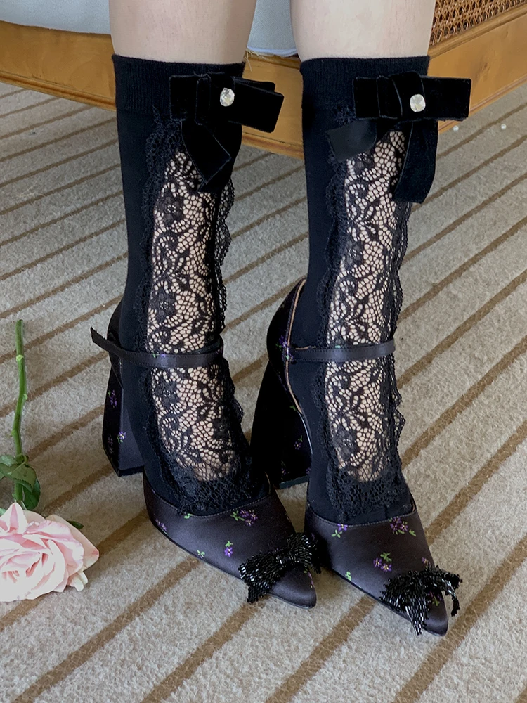 

TubeSocks Women's Black Three-Dimensional Velvet Hollow Lace Bow Decoration Autumn and Winter Leg Shaping Four Seasons Universal