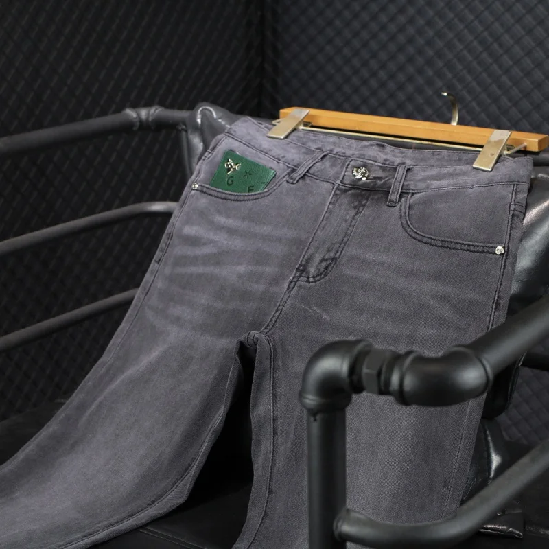 2024summer men's new smoky gray jeans simple versatile Korean slim fit elastic thin soft light luxury high-end skinny trousers
