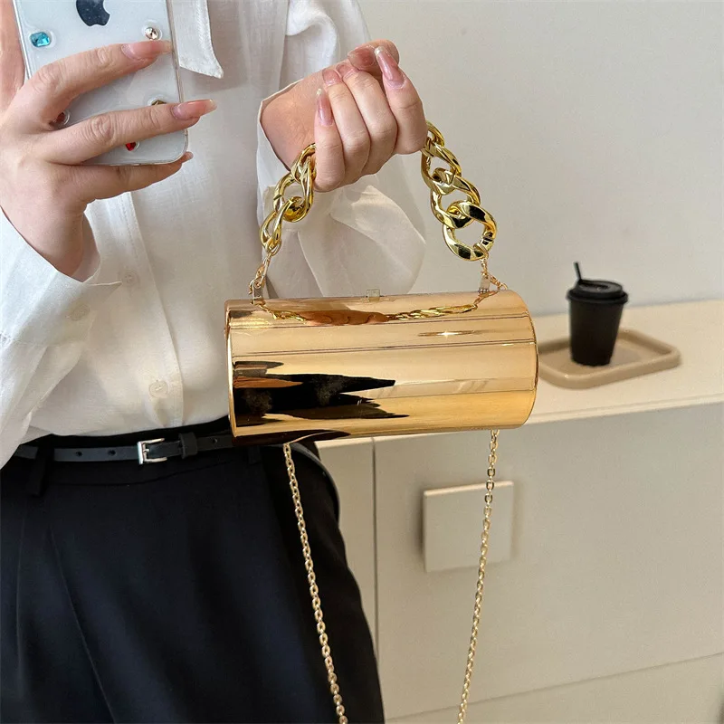 Acrylic Cylinder Bag European Fashion Gold Silver Patent Leather Glossy Single Shoulder Bag Ins Women\'s Thick Chain Handbag