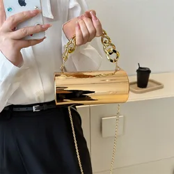 Acrylic Cylinder Bag European Fashion Gold Silver Patent Leather Glossy Single Shoulder Bag Ins Women's Thick Chain Handbag