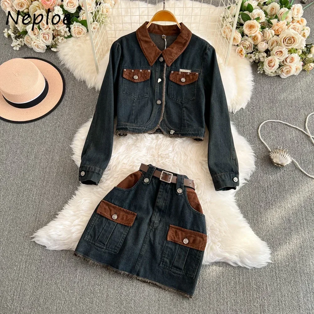 Neploe Cruel Casual Small Fellow Turn-down Collar Long Sleeve Suit Coat Belt High Waist Straight  Skirt Vintage Sweet Sets Falda