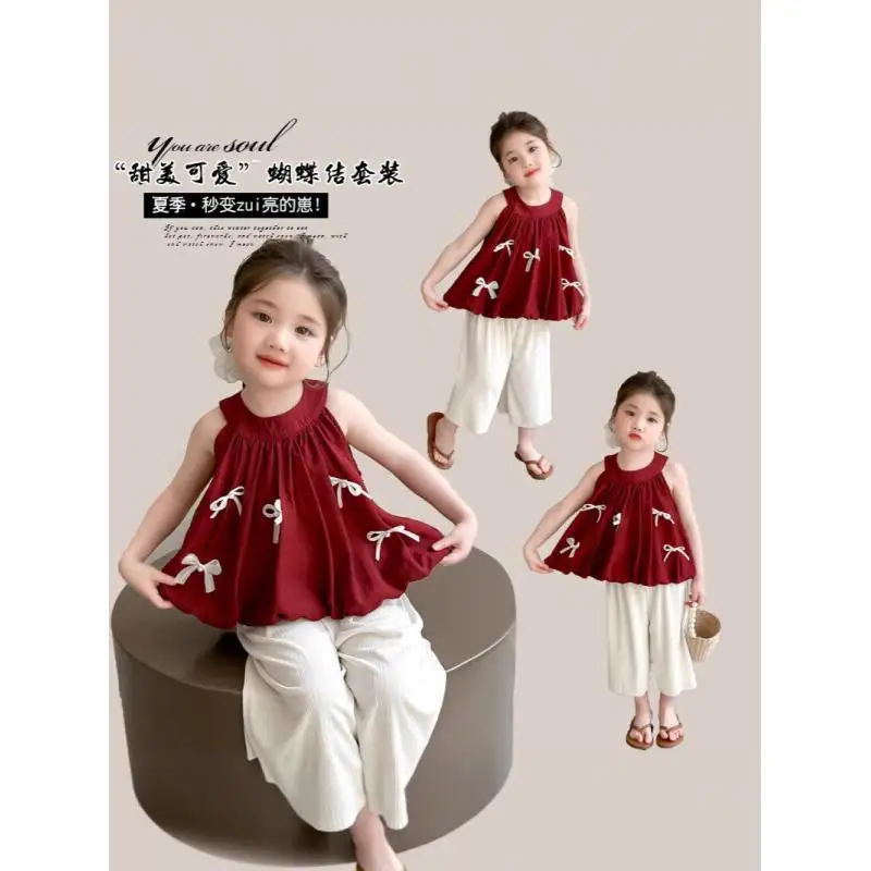 Girls' Bow Set 2026 Summer New Style Children's Clothing for Baby Girls Thin Neck Hanging Tank Top Summer Two Piece Set Trendy